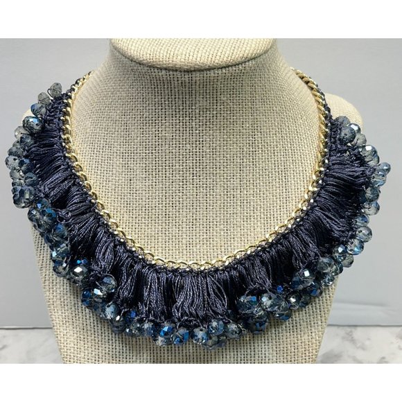 Vintage Blue Beaded Necklace Choker Crochet Bib Silver Tone 14" Long - Picture 6 of 6